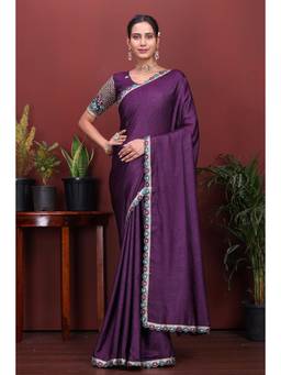 Nyri - Womens Purple Georgette Saree with Unstitched Blouse