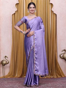 Nyri - Womens Purple Satin Saree with Unstitched Blouse