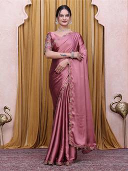 Nyri - Womens Pink Satin Saree with Unstitched Blouse