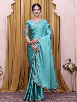Nyri - Womens Blue Satin Saree with Unstitched Blouse