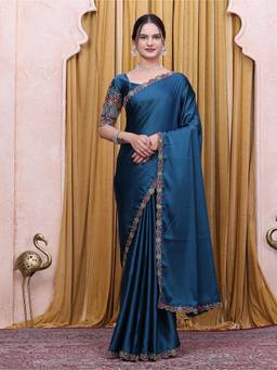 Nyri - Womens Teal Satin Saree with Unstitched Blouse