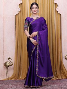 Nyri - Womens Purple Satin Saree with Unstitched Blouse