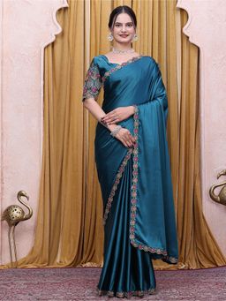 Nyri - Womens Teal Satin Saree with Unstitched Blouse