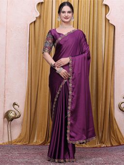 Nyri - Womens Purple Satin Saree with Unstitched Blouse