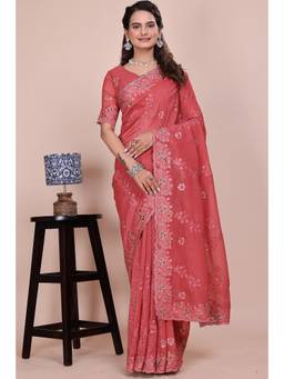 Nyri - Womens Peach Tissue Saree with Embroidered Border