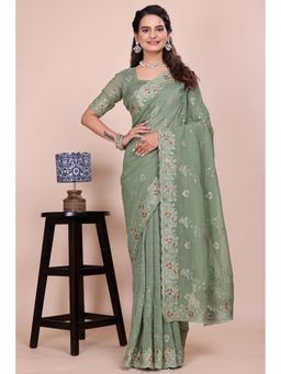 Nyri - Womens Green Tissue Saree with Embroidered Border