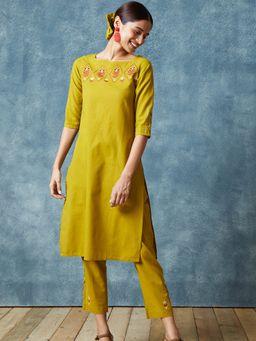 Okhai - Yellow Sahara Hand Embroidered Mirror Work Pure Cotton Kurta Pant (Set of 2)