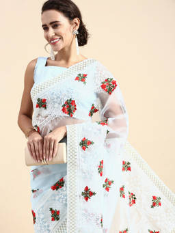 VAIRAGEE - Blue Soft Organza Embroidery Saree with Silk Unstitched Blouse