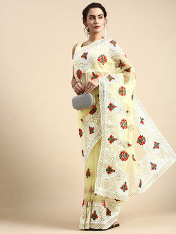 VAIRAGEE - Yellow Soft Organza Embroidery Saree with Silk Unstitched Blouse