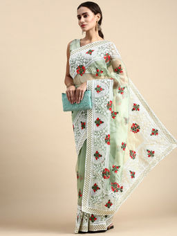 VAIRAGEE - Green Soft Organza Embroidery Saree with Silk Unstitched Blouse