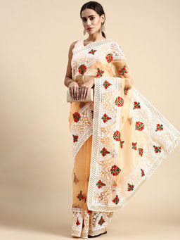 VAIRAGEE - Peach Soft Organza Embroidery Saree with Silk Unstitched Blouse