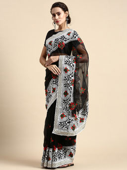 VAIRAGEE - Black Soft Organza Embroidery Saree with Silk Unstitched Blouse