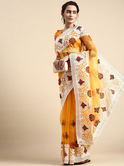 VAIRAGEE - Orange Soft Organza Embroidery Saree with Silk Unstitched Blouse