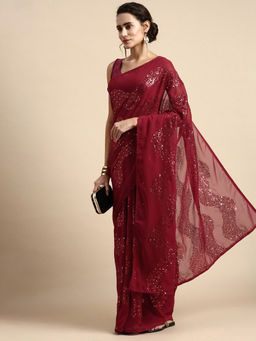 VAIRAGEE - Maroon Soft Georgette Saree with Sequence Embroidery Unstitched Blouse