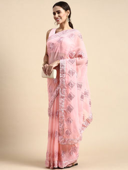 VAIRAGEE - Pink All Over Trapezoid Sequins Work Georgette Saree with Unstitched Blouse
