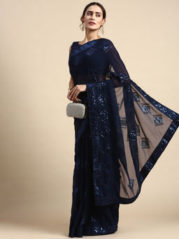 VAIRAGEE - Navy Blue All Over Trapezoid Sequins Georgette Saree with Unstitched Blouse