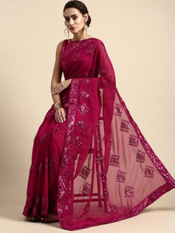 VAIRAGEE - Magenta All Over Trapezoid Sequins Work Georgette Saree with Unstitched Blouse