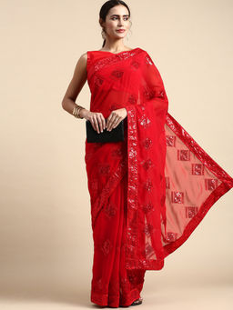 VAIRAGEE - Red All Over Trapezoid Sequins Work Georgette Saree with Unstitched Blouse
