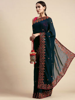 VAIRAGEE - Navy Blue Border Georgette Saree with Mono Silk Unstitched Blouse