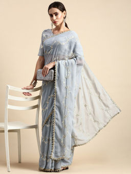 VAIRAGEE - Grey Soft Georgette Saree with Silk Unstitched Blouse