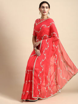 VAIRAGEE - Red Soft Georgette Saree with Embroidery Unstitched Blouse