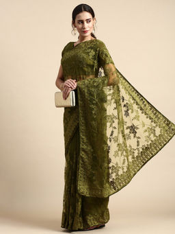 VAIRAGEE - Olive Soft Net Saree with Thread Silk Unstitched Blouse