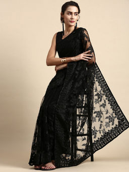 VAIRAGEE - Black Soft Net Saree with Thread Silk Unstitched Blouse