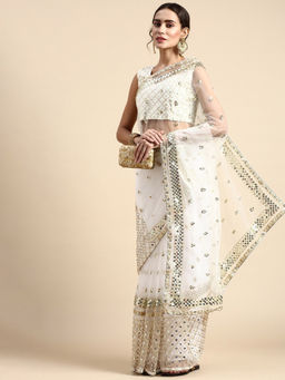 VAIRAGEE - Off White Soft Net Sequence Embroidery Saree with Silk Unstitched Blouse