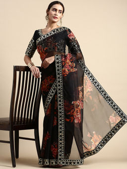 VAIRAGEE - Black Floral Print Organza Less Border Saree with Unstitched Blouse Piece