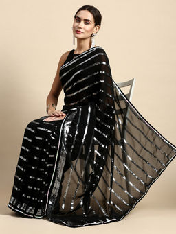 VAIRAGEE - Black Soft Georgette Saree with Embroidery Unstitched Blouse