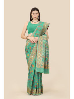 VAIRAGEE - Turquoise Banarasi Cotton Silk Saree with Unstitched Blouse