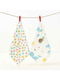 StarAndDaisy - White Printed Muslin Face Towels (Pack of 2) (6-12 Months)