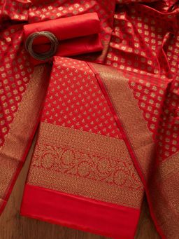 Koskii - Red Zariwork Banarasi Unstitched Salwar Suit (Set of Three)