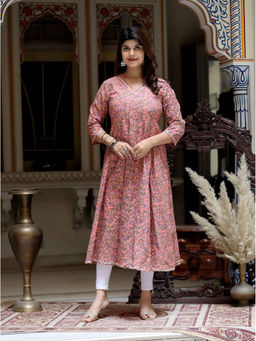 Doriyaan - Womens Peach Cotton Floral and Gota Patti Details Anarkali Kurta