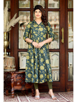 Doriyaan - Womens Green Cotton Collar Neck Floral Printed Anarkali Kurta