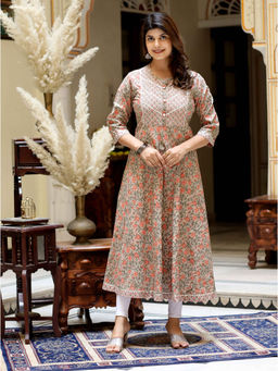 Doriyaan - Womens Brown Gota Lace Work Floral Printed Anarkali Kurta