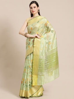 Banarasi Silk Works - Mulberry Woven Saree Green with Unstitched Blouse