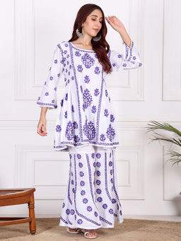 Chowkhat - Floral Hand Embroidered Chikankari Pure Cotton Kurti and Palazzo Set