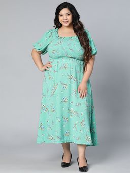 Oxolloxo - Sea Green Color Floral Printed Smocked Plus Size Women Dress