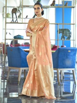 Akhilam - Women Silk Blend Peach Woven Design Designer Saree with Blouse Piece