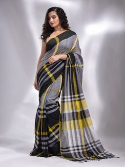 CHARUKRITI - Grey Pure Cotton Handwoven Stripe Designs Saree with Unstitched Blouse