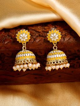 Estele - Gold Tone Traditional Yellow Meenakari Jhumki Earrings with Pearls for Women