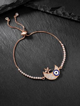 Peora - Rose Gold Plated Evil Eye Cubic Zirconia Studded Slider Bracelet for Women (Adjustable)