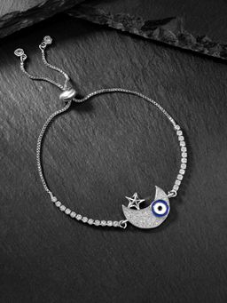 Peora - Silver Plated Evil Eye Cubic Zirconia Studded Slider Bracelet for Women (Adjustable)