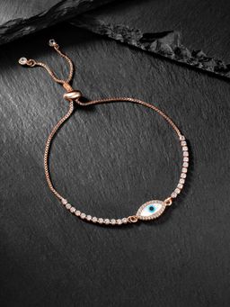 Peora - Rose Gold Plated Evil Eye Cubic Zirconia Studded Slider Bracelet for Women (Adjustable)