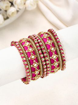 Peora - Gold Plated Kundan Studded Rani Pink White Chuda Bangle Set Jewellery for Women (2.6)