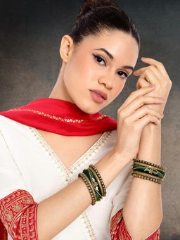 Peora - Gold Plated Green Silk Thread and Stone Studded Chuda/Chura Bangle Set for Women (2.6)