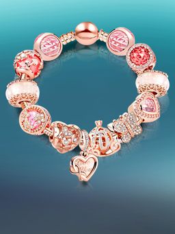 Peora - Rose Gold Plated Cubic Zirconia Studded Fancy Charm Bracelet for Women (Adjustable)