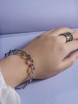 Peora - Cubic Zirconia Studded Rainbow Finish Bracelet cum Ring for Women (Adjustable)