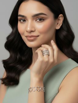 Peora - Silver Plated Cubic Zirconia Studded Fancy Charm Bracelet Cum Ring (Adjustable)